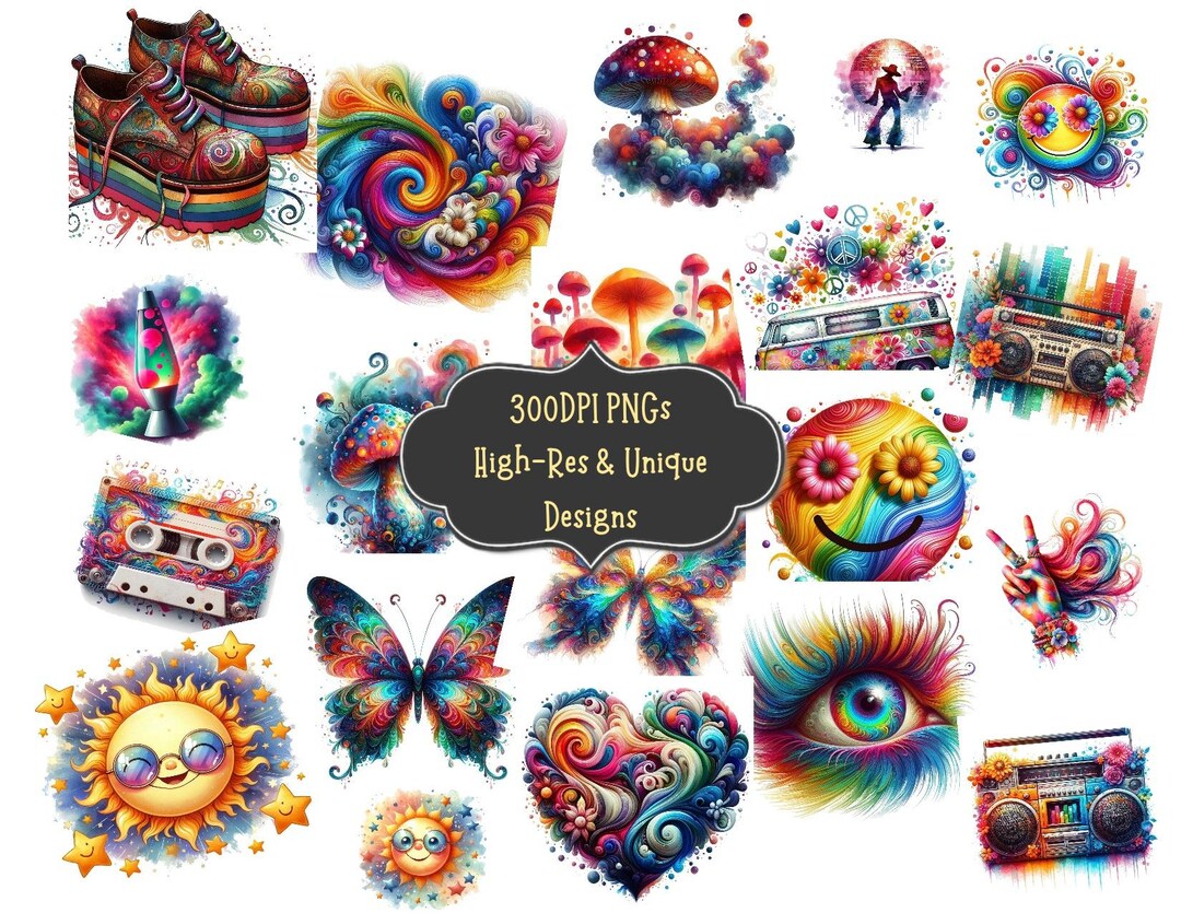 Groovy 70s Watercolor Clipart Bundle: Retro PNG Graphics (digital ...