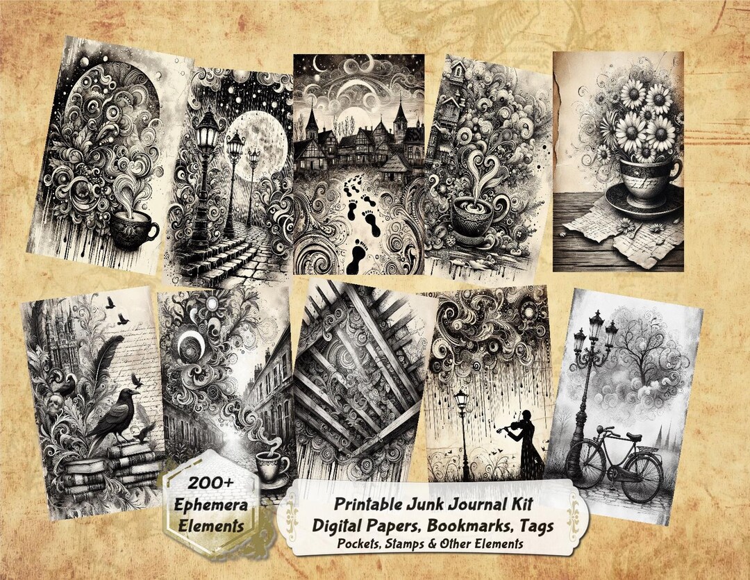 Black and White Doodles Junk Journal Kit: 54 Sketches Digital Papers &amp; Ephemera (digital ...
