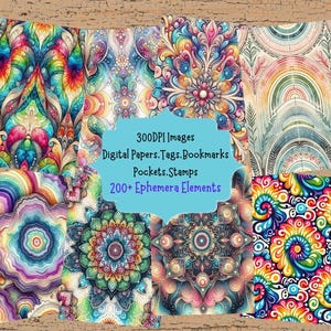 Rainbow Tie Dye Seamless Pattern Journal Kit With Digital Papers Pockets Tags Labels Stamps Bookmarks Printable Ephemera For Paper Crafts