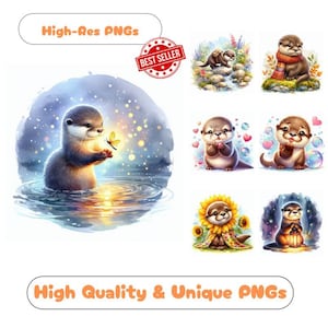 35 Baby Otter Watercolor Clipart PNG Images, Newborn Otter Clipart Bundle Commercial Use Graphics For Nursery Otter Wall Art PNG Designs
