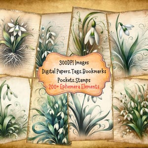 Snowdrop Junk Journal Kit With Digital Papers Pockets Tags Labels Stamps Bookmarks Printable Ephemera Great For Paper Crafts