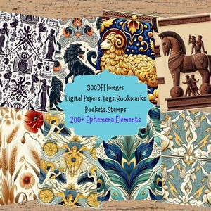 Greek Mythology Seamless Pattern Journal Kit With Digital Papers Seamless Background Scrapbook Papers Bookmarks And Junk Journal Ephemera