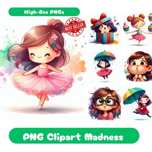 Ensemble de 60 cliparts PNG fille simple dessin animé, lot de cliparts fille imprimable graphiques simples de dessin animé pour fille art mural PNG Clip Art ensemble