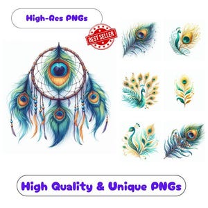 44 Beautiful Peacock Feather Watercolor Clipart PNG Images, Gorgeous Peacock Feather Clipart Bundle Commercial Use Graphics
