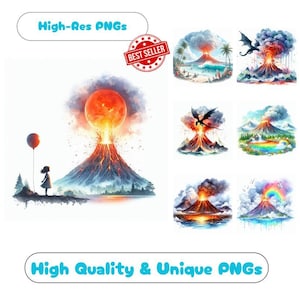 20 Erupting Volcano Watercolor Clipart PNG Images, Exploding Volcano Clipart Bundle Commercial Use Graphics For Fiery Volcano Wall Art PNGs
