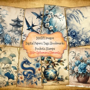 Chinoiserie Blue Floral Design Junk Journal Kit With Digital Papers, Printable Papers Clipart Digital Ephemera And Tags for Paper Crafts