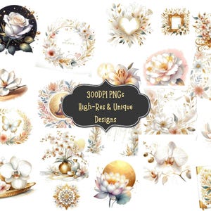 62 White And Gold Floral Watercolor Clipart PNG Bundle with PNG Digital Illustration Download for Diy Cards Wall Prints Scrapbooking