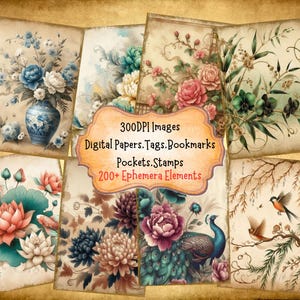Modern Chinoiserie Floral Junk Journal Kit With Digital Papers Pockets Tags Labels Stamps Bookmarks Printable Ephemera For Paper Crafts