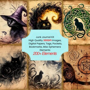 Black Cat Junk Journal Kit With Digital Papers, Printable Pages Collage Sheets Bookmarks And Junk Journal Ephemera for Paper Crafts