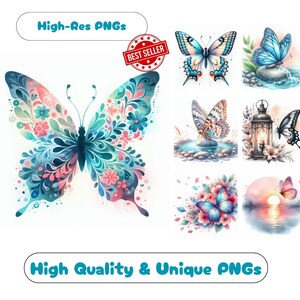 90 beau papillon Clipart PNG ensemble, élégant papillon Clipart Bundle graphiques imprimables pour sublimation d'art mural papillon gracieux PNG