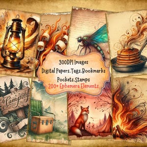 Camping Junk Journal Kit With Digital Papers, Printable Ephemera Collage Sheets Journal Papers And Digital Art For Paper Crafts