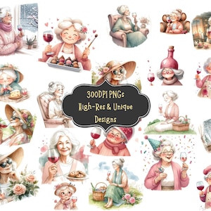 62 Funny Grandma Drinking Wine Watercolor Clipart PNG Bundle with Digital Download PNG Files for Diy Crafts Wall Art Scrapbooking