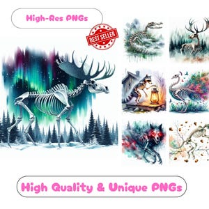55 Animal Skeleton Watercolor Clipart PNG Set, Quirky Skeleton Clipart Printable Graphics For Whimsical Skeletons Wall Art Paper Crafts