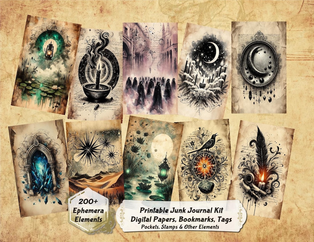 Black Magic Junk Journal Kit: 56 Enchantment Digital Papers & Ephemera ...