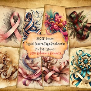 Ribbon Junk Journal Kit With Digital Papers Pockets Tags Labels Stamps Bookmarks Printable Ephemera Great For Paper Crafts
