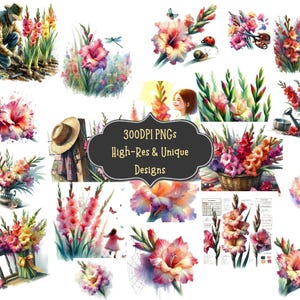 63 Gladiolus Watercolor Clipart PNG Bundle with Digital Download PNG Files for Diy Crafts Wall Art Scrapbooking Invitations Stickers