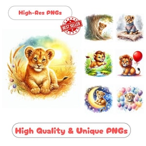 50 Baby Lion Watercolor Clipart PNG Images, Cute Lion Clipart Bundle Commercial Use Graphics For Sweet Lion Wall Art PNG Designs