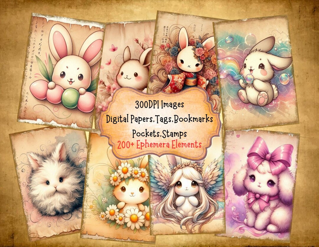 Kawai Bunny Junk Journal Kit With Digital Papers Pockets Tags Labels ...