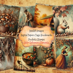 Cottagecore Autumn Junk Journal Kit Digital Papers Rustic Pockets Tags Cozy Cards Farm Bookmarks Printable Ephemera
