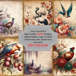 Bird-Accent Chinoiserie Floral Junk Journal Kit With Digital Papers, Printable Papers Clipart Digital Ephemera And Tags for Paper Crafts