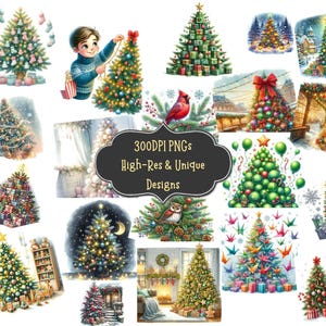 63 Cute Xmas Tree Watercolor Clipart PNG Bundle: PNG Digital Art for Printing for Paper Diy Crafts Wall Art Scrapbooking Invitations