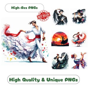 40 Flamenco Dancer Watercolor Clipart PNG Images, Spanish Dancer Clipart Bundle Commercial Use Graphics For Passionate Dancer Wall Art PNGs