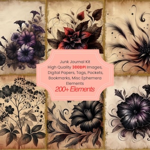 Black Flowers Junk Journal Kit With Digital Papers, Printable Pages Collage Sheets Decoupage Papers And Labels for Paper Crafts