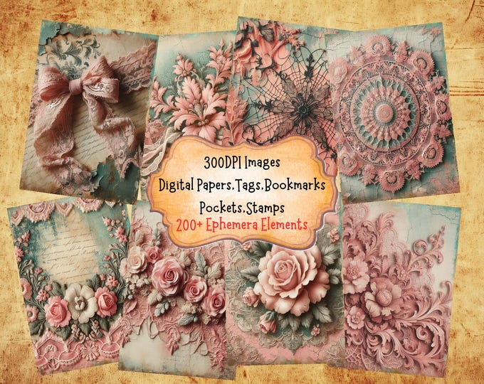 Printable Junk Journal Kit Pink Shabby Chic Roses Digital Vintage ...