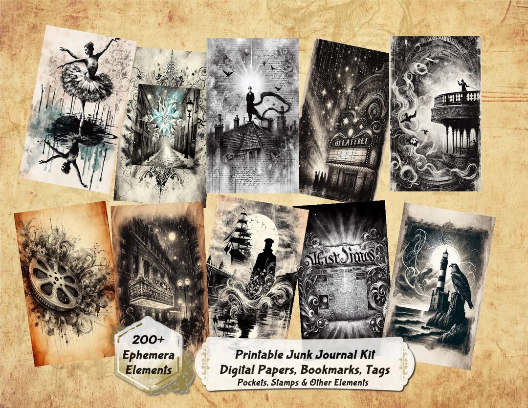Black and White Junk Journal Kit: 58 Monochrome Digital Papers ...