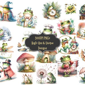 51 Frog Watercolor Clipart PNG Bundle with PNG Graphics Instant Download for Sublimation Wall Art Invitations Scrapbooking Stickers