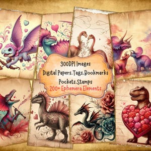 Valentine Dinosaurs Junk Journal Kit With Digital Papers Pockets Tags Labels Stamps Bookmarks Printable Ephemera Great For Paper Crafts