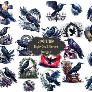 65 Gothic Raven Watercolor Clipart PNG Bundle with PNG Digital Illustration Download for Diy Cards Wall Prints Scrapbooking