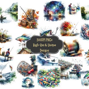 66 Fishing Watercolor Clipart PNG Bundle with Digital PNG Art Files for Scrapbooking Wall Art Diy Crafts Invitations Stickers