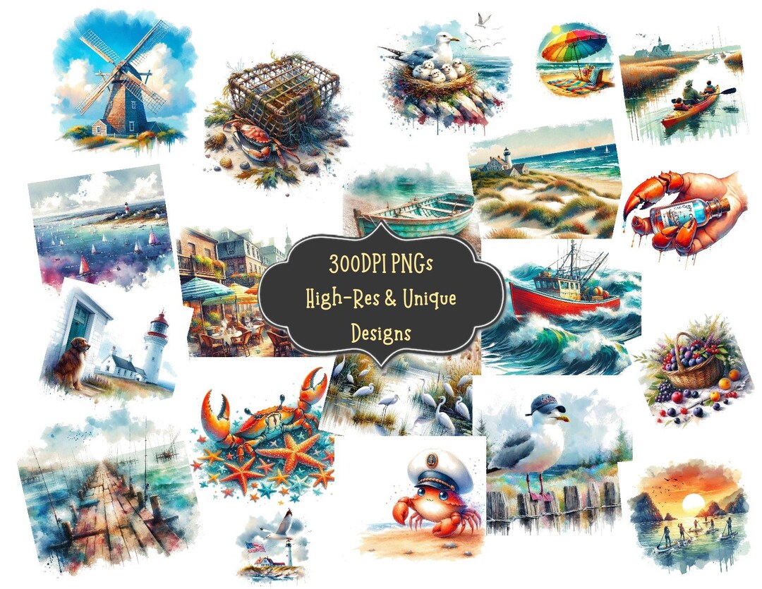 Cape Cod Watercolor Clipart Bundle: New England Seaside PNG Graphics ...