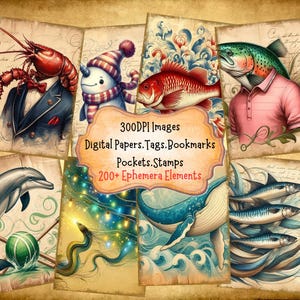 Preppy Fish Junk Journal Kit With Digital Papers Pockets Tags Labels Stamps Bookmarks Printable Ephemera Great For Paper Crafts