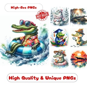 123 Alligator Watercolor Clipart PNG Set, Artistic Alligator Clipart Printable Graphics For Creative Alligators Wall Art Paper Crafts