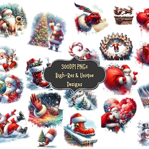 51 Weihnachtsmann Aquarell Clipart PNG Bundle mit digitalen PNG Illustration Dateien für Scrapbooking Wand Kunst Aufkleber Sublimation Einladungen