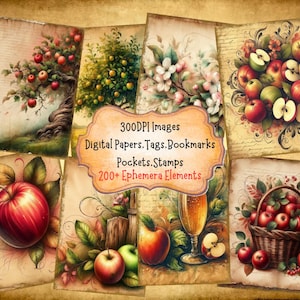 Crisp Apple Orchard Motifs Junk Journal Kit With Digital Papers Digital Kit Printable Journal Pockets Bookmarks And Tags for Paper Crafts