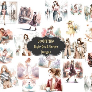 64 Fashion Girl Watercolor Clipart PNG Bundle with Watercolor PNG Clipart Files for Cards Wall Art Sublimation Projects Scrapbooking