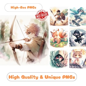 Pack de 30 cliparts aquarelle personnage d'anime, clipart personnage vibrant prêt à imprimer pour personnages ludiques, travaux manuels d'art mural en papier