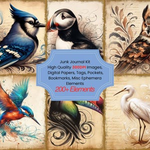 Beautiful Bird Junk Journal Kit With Digital Papers, Printable Pages Collage Sheets Tags Pockets And Vintage Ephemera for Paper Crafts