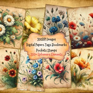 Wildflower Junk Journal Kit With Digital Papers Pockets Tags Labels Stamps Bookmarks Printable Ephemera Great For Paper Crafts