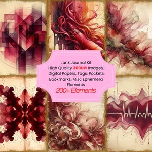 Burgundy Abstract Junk Journal Kit With Digital Papers, Printable Ephemera Collage Sheets Decoupage Papers And Labels