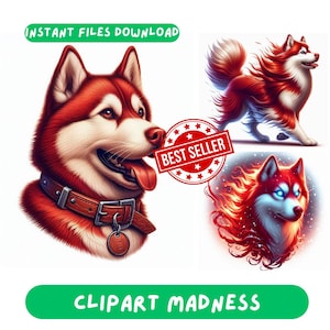 Lot de 30 cliparts PNG Husky sibérien rouge, chien rouge Clip Art numérique animal de compagnie mignon PNG Clipart scrapbooking Husky autocollants Art mural sibérien