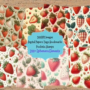 Strawberry Digital Seamless Pattern Journal Kit With Digital Papers Printable Seamless Pattern Digital Ephemera And Tags