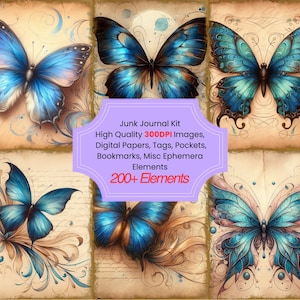 Beautiful Blue Butterfly Junk Journal Kit With Digital Papers, Printable Images Scrapbook Papers Journal Kit And Vintage Cards for Crafts