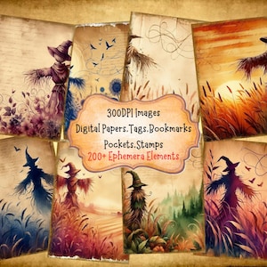 Harvest Scarecrow Silhouettes Junk Journal Kit With Digital Papers Printable Journal Scrapbooking Papers Digital Ephemera