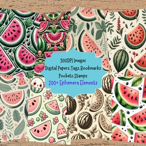 Watermelon Seamless Pattern Journal Kit With Digital Papers Pockets Tags Labels Stamps Bookmarks Printable Ephemera For Paper Crafts