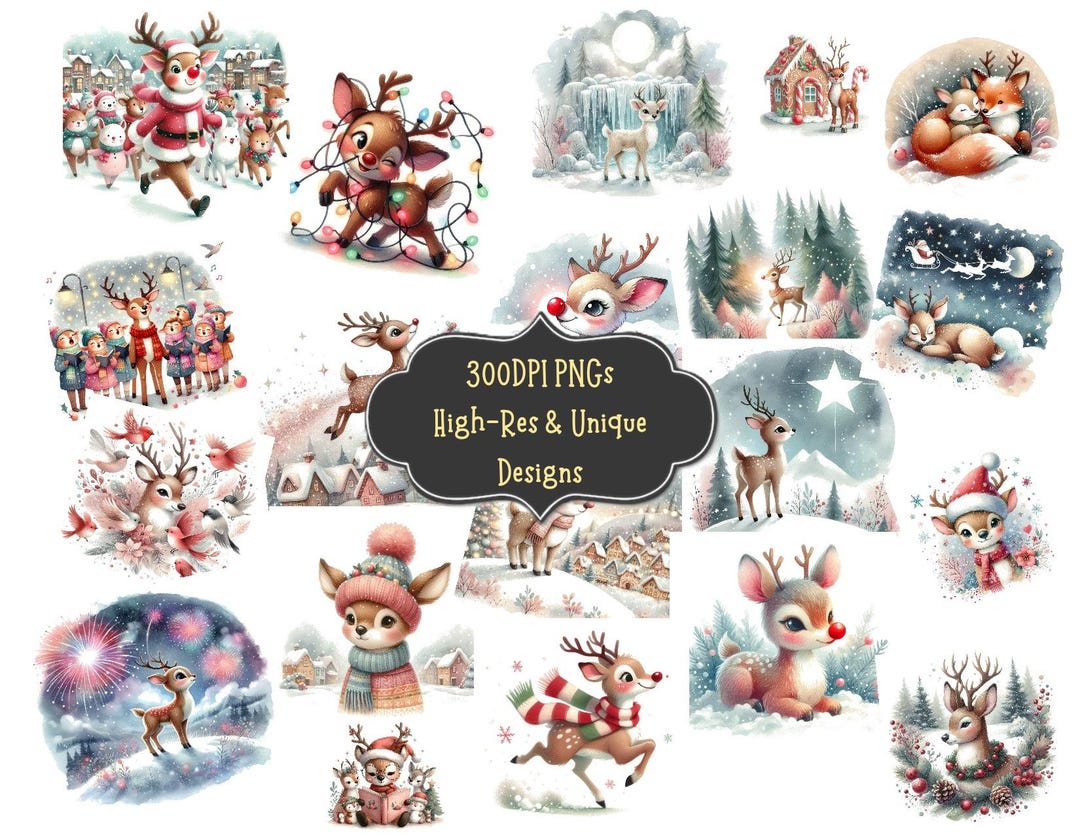 64 Rudolph Watercolor Clipart PNG Bundle With Digital Download PNG ...