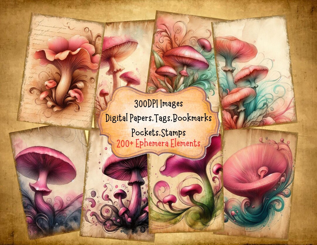 Pink Mushroom Junk Journal Kit: Vintage Ephemera, Digital Papers ...